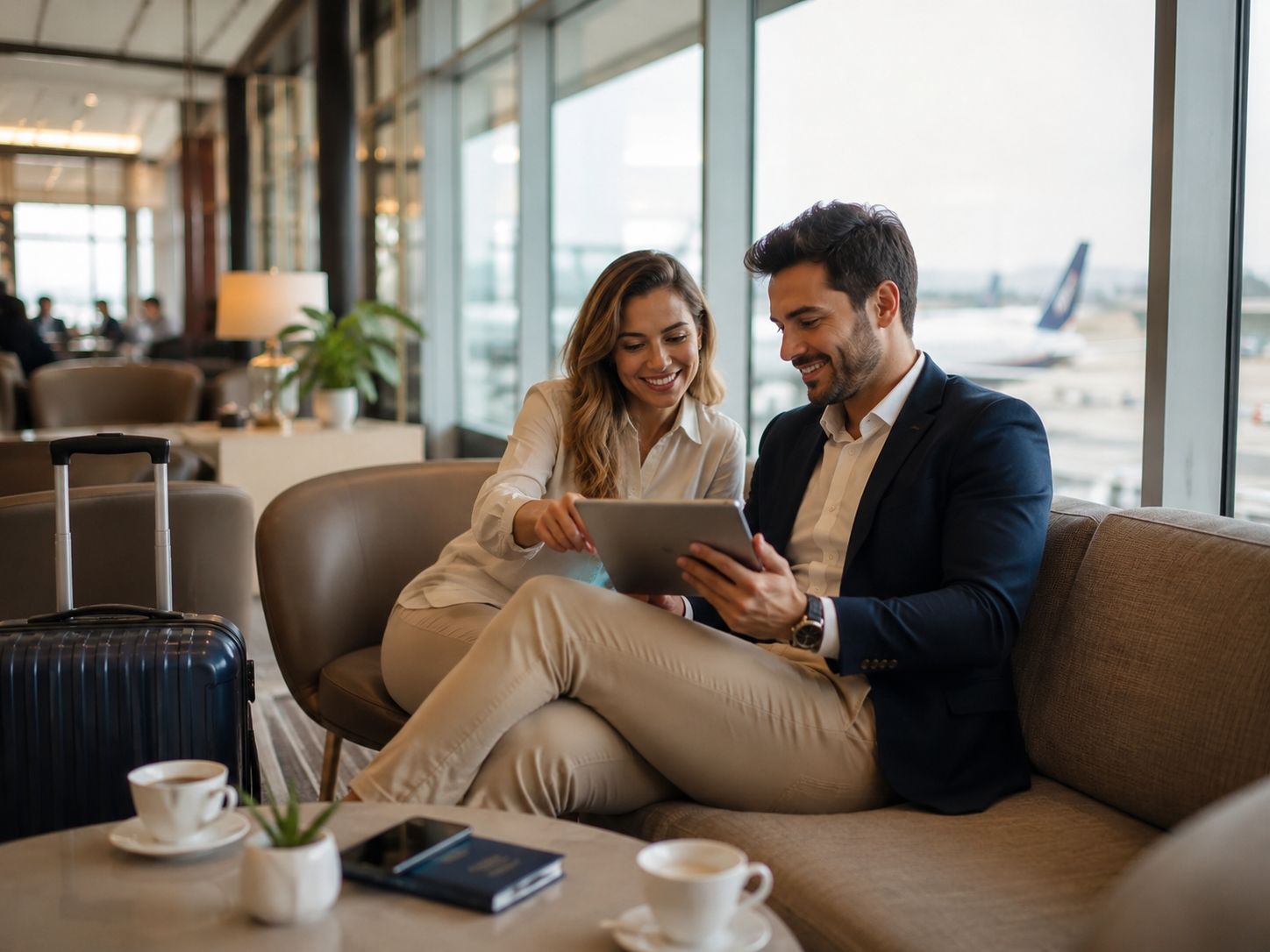 Casal em lounge de aeroporto consultando tablet com voos ao fundo